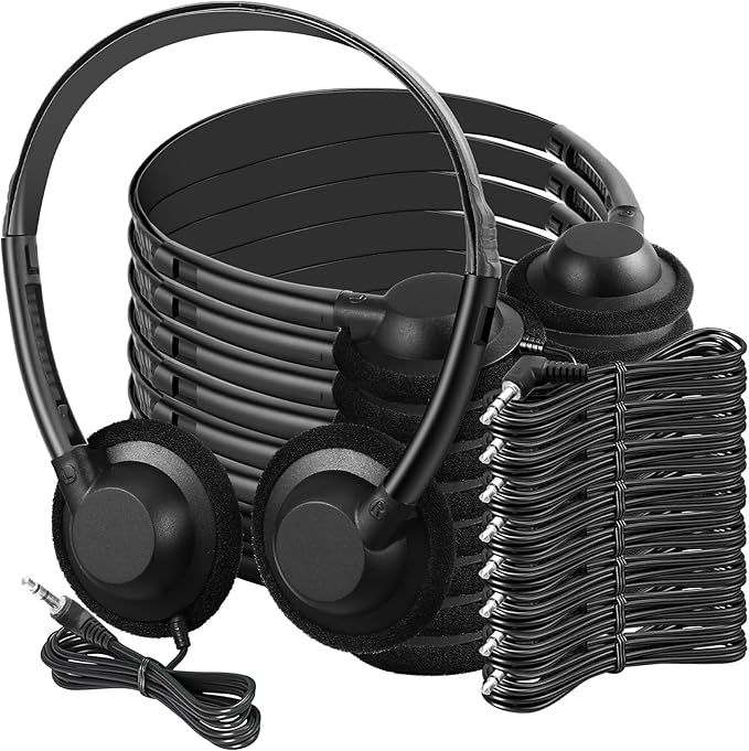 Flutesan 60 Pieces Classroom School Headphones Bulk on Ear Headphone with 3.5mm Headphone Plug in Adjustable Disposable for Kids Adults Student Noise Stereo Sound Library No Microphone