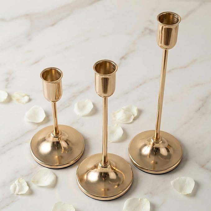 27 Pcs Gold Candlestick Holders Set - Vintage Brass Taper Candle Holder for Pillar Candles - Modern Decorative Centerpiece for Wedding Fireplace Mantel Decor - Cozy Atmosphere Housewarming Gift