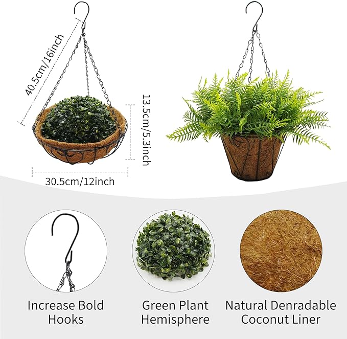 Towallmark Hanging Planters with Plant Hangers 2-Pack Artificial Green Fern 25CM Straight Coconut Fiber Baskets with Sturdy Iron Hanging Chains