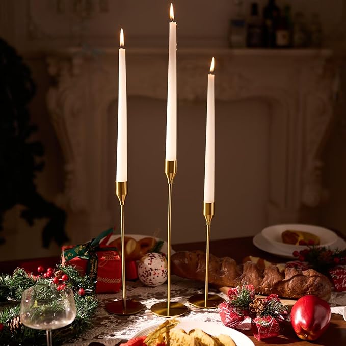 Solid Taper Candle Holders Set of 6, Vintage Brass Long Skinny Candlestick (Heights: 9/11/13 Inch), Heavy Iron Anti-Slip Base for Fireplace Mantle Table Centerpiece Wedding Decor