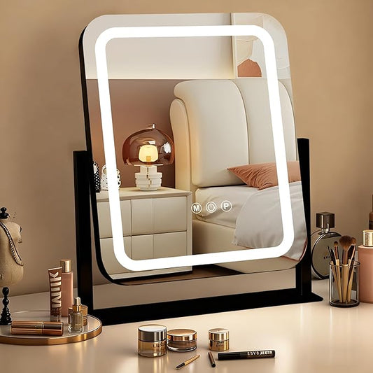 Black Vanity Mirror with Lights 15"×13", Led Makeup Mirror, Lighted Makeup Mirror with 3 Color Dimmable Lights, Smart Touch Screen Control, 360°Rotation