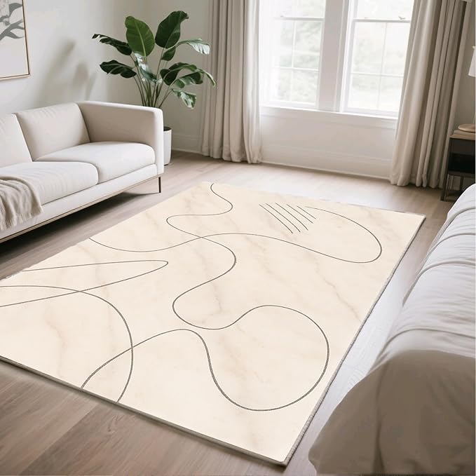 Modern Marble Rug - 5x8 Area Rug, Abstract Line Marble Rugs, Minimalist Geometry Outdoor Rugs, Washable & Non Slip Carpet Home Decor