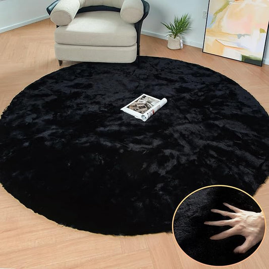 Black Round Area Rug 5ft Washable Faux Fluffy Fur Rug for Bedroom Circle Nursery Rug for Living Room Girl Room Cute Décor