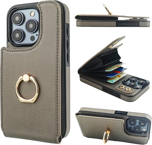 Folosu Compatible with iPhone 15 Pro Case Wallet with Card Holder, 360°Rotation Finger Ring Holder Kickstand, RFID Blocking Leather Protective Double Buttons Shockproof Cover 6.1 Inch Gray