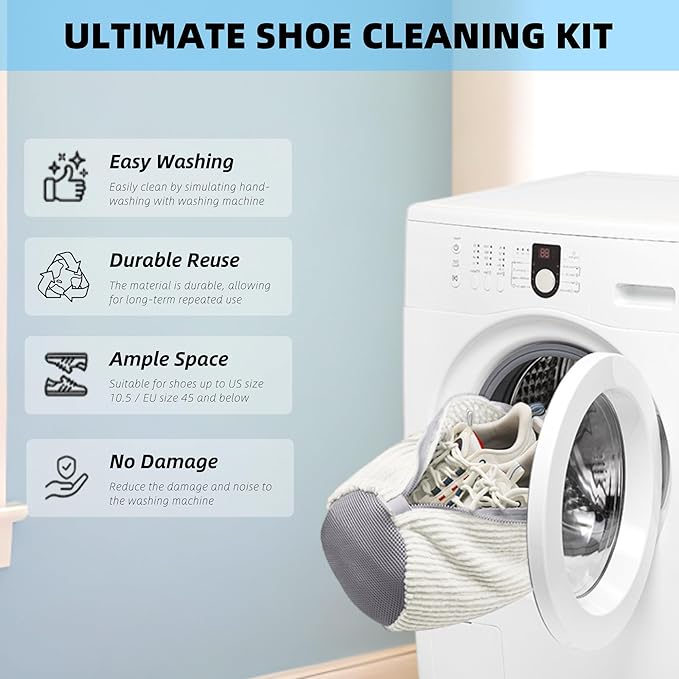 2Pcs Shoe Washing Machine Bag, Quick & Easy Cleaning, Laundry Shoe Bag for Washer and Dryer, Cleaning Bag for Sneaker & Most Shoe Types and Sizes (White)