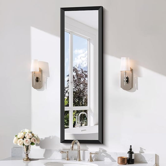 Black Bathroom Mirror 14 x 48 Inch Rectangle Wave Beveled Frame for Wall Bathroom Vanity Mirror for Over Sink, Tempered Glass,for Entryway Hangs, Bathroom Living Room Horizontal or Vertical