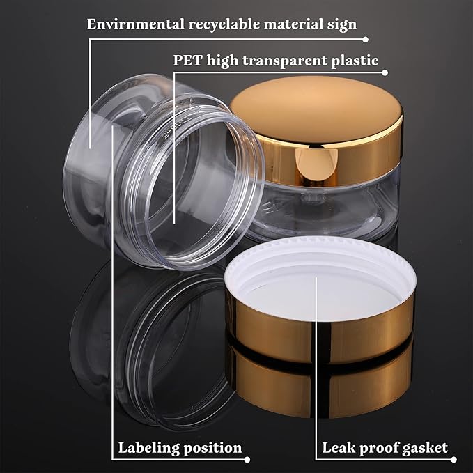 SATINIOR 12 Pack 1 oz Plastic Container Jars with Lids Round Clear Travel Cosmetic Container Jars for Toiletries, Lotion, Cream, Ointments, Makeup, Rhinestone, Samples, Kitchen Storage(Gold)