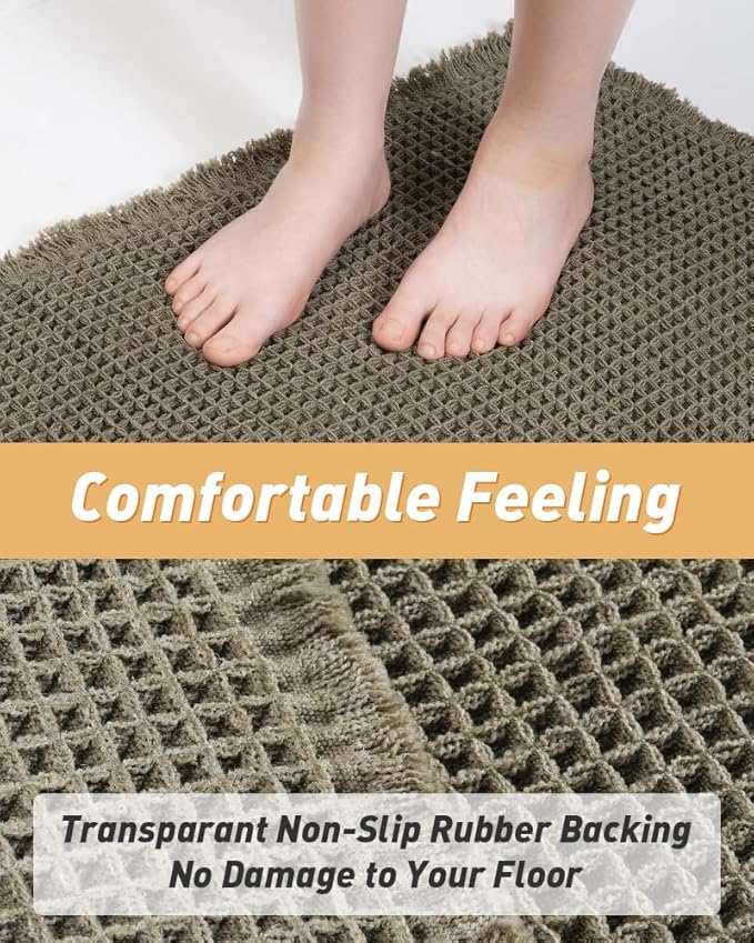 AMOAMI Upgraded Waffle Bath Mat, Super Absorbent Non Slip Bath Mats for Bathroom Floor, Machine Washable Bathroom Rugs with Tassels, Rubber Backed Bathroom Mats, Ultra Soft, 18" x 30", Green