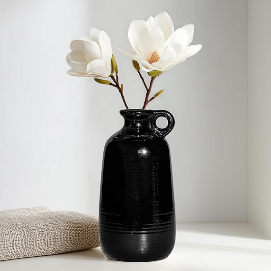 Sunddo Black Ceramic Vase 10 Inch - Tall Modern Decorative Vase with 1 Handle, Elegant Black Statement Piece for Entryway & Mantel
