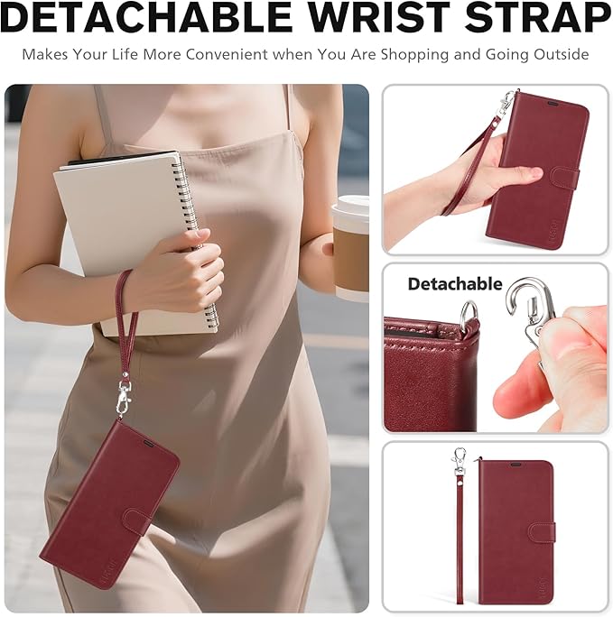 TUCCH Case Wallet for iPhone 17 Pro Max (6.9-Inch) 2025, Wrist Strap | Stand | RFID Blocking | 4 Card Holders | TPU Shockproof Inner Shell | PU Leather | Magnetic Folio Cover | Dark Red