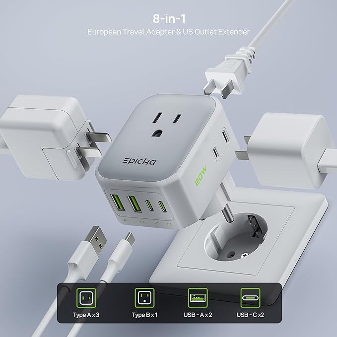 EPICKA Hybrid International Power Adapter for US to German & France, Foldable & Detachable Type EF VisaPlug, 8-in-1 Travel Plug Adapter with 4 USB Ports (2 USB-C PD 20W), Travel Dormestic Essentials