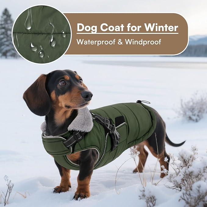 Queenmore XXXL Dog Coats for Extra Large Dogs Winter with Harness Built-in, Warm Waterproof Snow Jacket Large, Cold Weather Outdoor Coat - Fleece Lining Hook & Loop Closure Reflective Easy On, Green