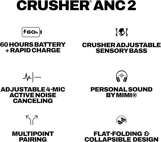 Skullcandy Crusher ANC 2 Wireless Over-Ear Bluetooth Headphones with Multi-Sensory Bass, Active Noise Cancelling, Up to 60 Hours Battery, Microphone for iPhone Android - True Black