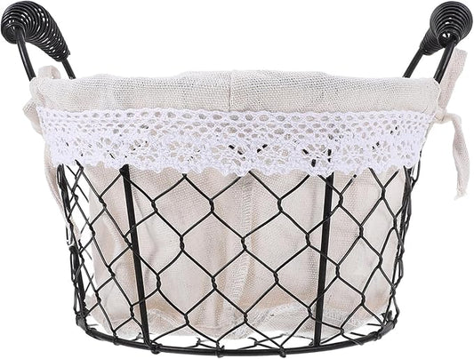 Wire Basket with Handle and Fabric Liner, round Metal Storage Basket for Fresh Eggs and Bread, Rustic Iron Wire Organizer for Kitchen and Home Use