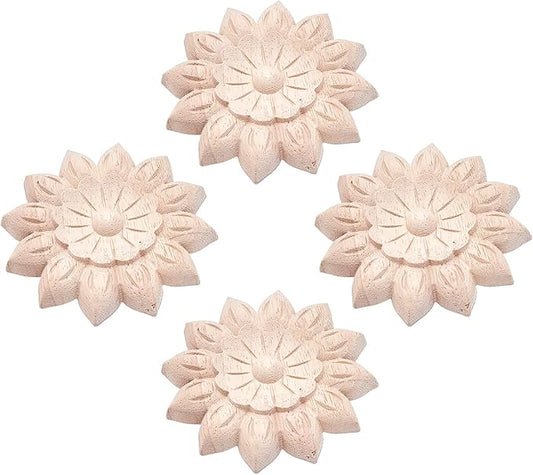GORGECRAFT 4PCS Wooden Carved Onlay Appliques Flower Carving Decal Corner Craft Unpainted Furniture Home Decoration Wood Carving Decal for Dresser Bed Door Cabinet Wardrobe Ceiling 3.15"x3.15"
