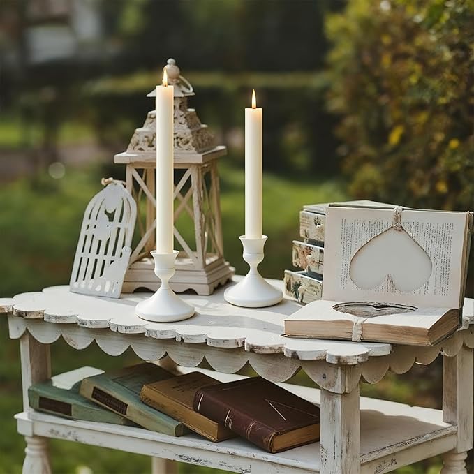 Candle Holders White Set of 12, Vintage Metal Candlestick Holders for Dinner Room Table Centerpiece, Low Metal Candles Sticks for Wedding Centerpieces Christmas Birthday Party (12, White)