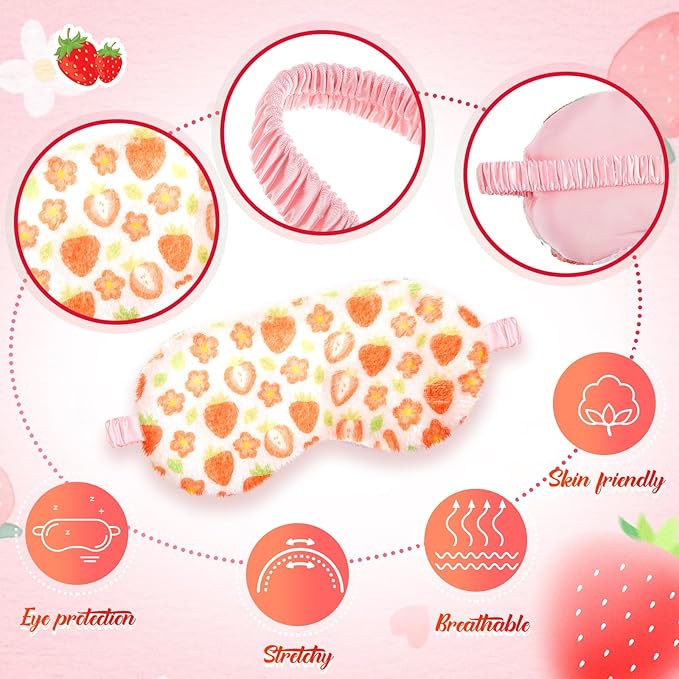 Cuffbow 6 Pcs Plush Sleep Eye Mask Silk Furry Eye Covers for Sleeping Cute Sleep Mask Fluffy Comfortable Sleeping Blindfold for Travel Sleepover Nap Party Supply Women(Strawberry,Pink)