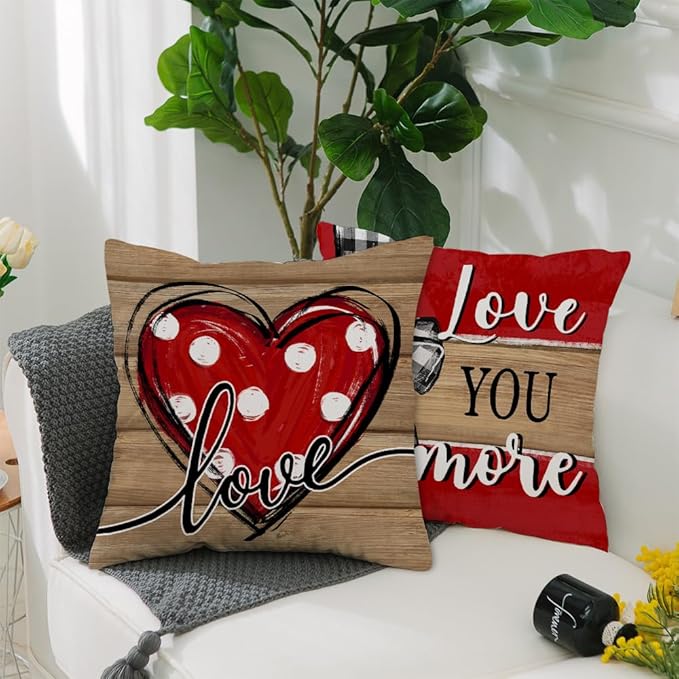 GEEORY Valentine's Day Love You More Hugs and Kisses Throw Pillow Covers 20x20 Inch Set of 4, Red Hearts Stripes Decorative Farmhouse Wedding Cushion Case for Home Decoration G652-20