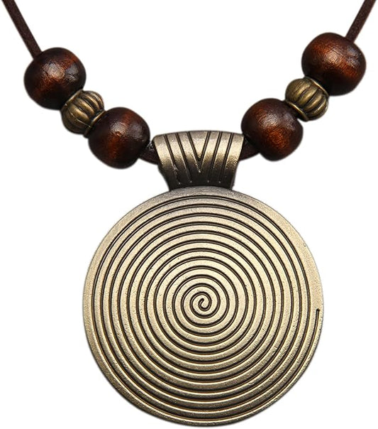 Leather Necklace for Women Boho Choker Necklace Long Cord Leather Pendant Bohemian Neckalce Vintage Alloy Pendant Leather Rope Necklace Wooden Necklaces for Women