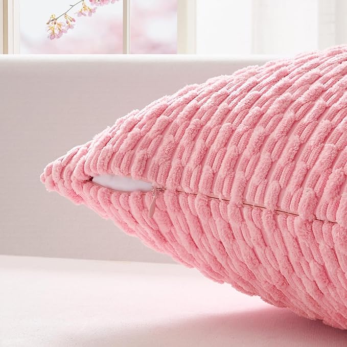 Kevin Textile Valentines Day Decorative Pillow Covers Set of 2 Striped Plush Corduroy Pillows Pillowcases Boho Home Decor Cushion Covers for Couch Sofa Bed Living Room 20x20 Inch, Pink
