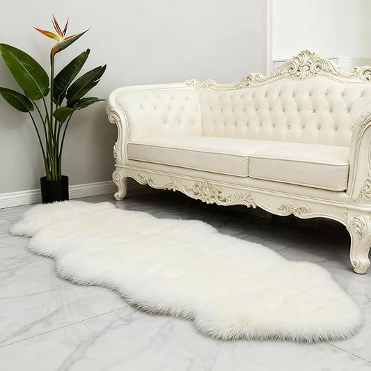 White Faux Fur Sheepskin Area Rug for Living Room Bedroom, 2 x 6 Feet Ultra Soft Shaggy Fuzzy Furry Carpet Chair Throw Runner Rugs for Kids, Girls, Nursery Room Decor Dorms