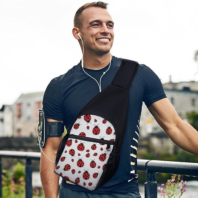 SWEET TANG Lightweight Sling Shoulder Backpack, Adjustable Gym Bags Red Ladybug White, Large Capacity Chest Cross Body Bag Daypack, Outdoor Multipurpose Bag