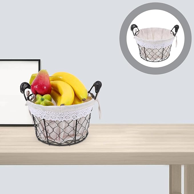 SAFIGLE Iron Wire Basket with Handle and Fabric Liner, Metal Storage Basket for Fresh Eggs and Bread Serving, Rustic Fruit Organizer for Kitchen and Coffee Table