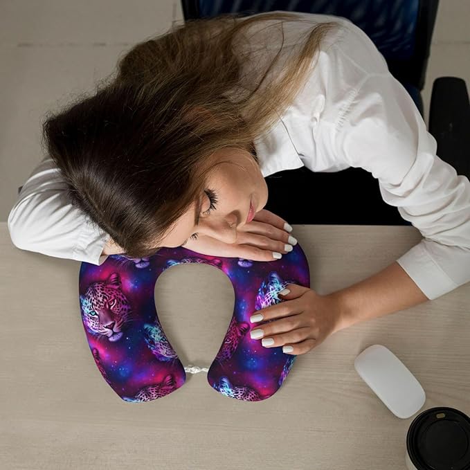 Comfortable Memory Foam Travel Neck Pillow, Funny Chin/Head Cushion Supporting Airplane Car Pillows Purple Leopard for Sleeping Outdoors Travel Office