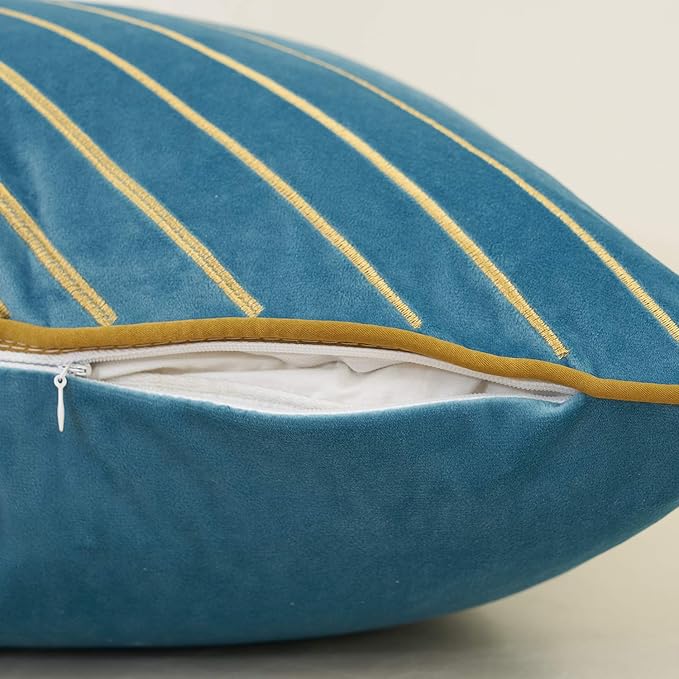 Avigers 12 x 20 Inch Grey Blue Gold Striped Geometric Lines Embroidery Velvet Cushion Case Luxury Modern Lumbar Throw Pillow Cover Decorative Pillow for Couch Living Room Bedroom Car 30 x 50cm
