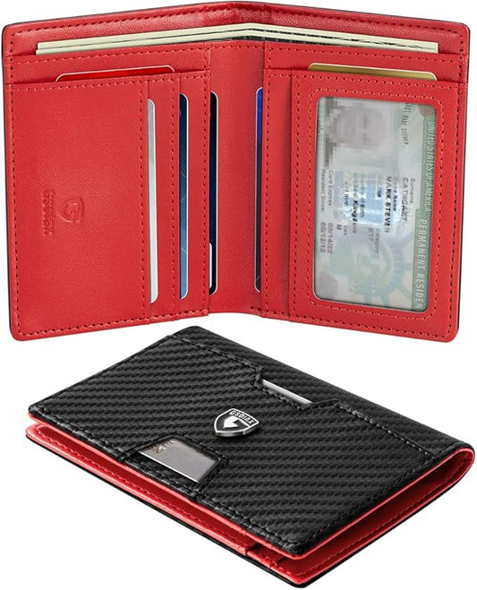 GSOIAX Wallet for Men Slim RFID Blocking Front Pocket Bifold Wallet Leather Money Clip 10-12 Cards Mens Wallet with ID Window Thin Minimalist Credit Card Holder Birthday Gifts for Men Carbon-Red