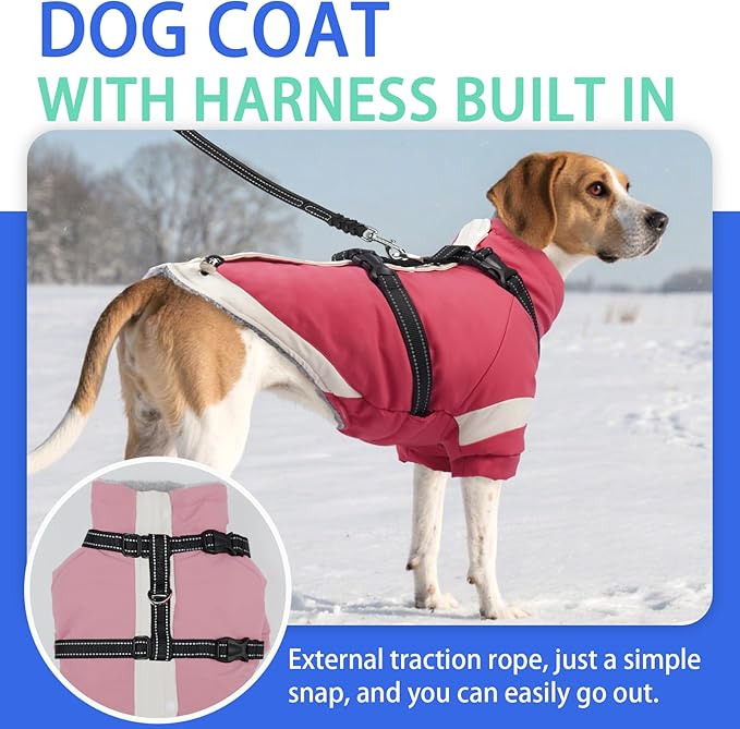 MIGOHI Ultra Thick Dog Jacket,Reflective Medium Dog Coat with Harness Built in,Warm Pet Winter Coat Zip Up Puffer Jacket with Furry Collar for Medium Dogs with Legs Outdoor Adventure,L,Pink