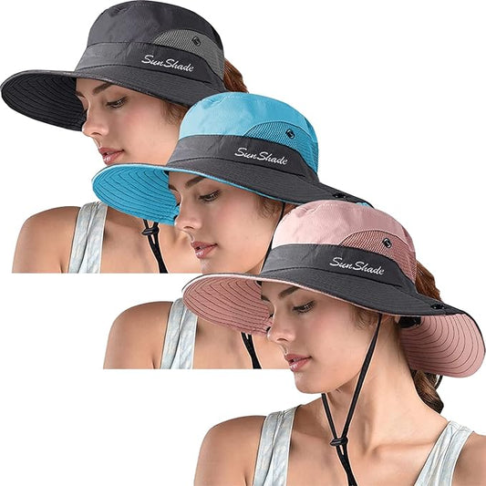 ZOORON Women's Ponytail Safari Sun Hat,Wide Brim UV Protection Outdoor Bucket Hat,Foldable Beach Summer Fishing Hat
