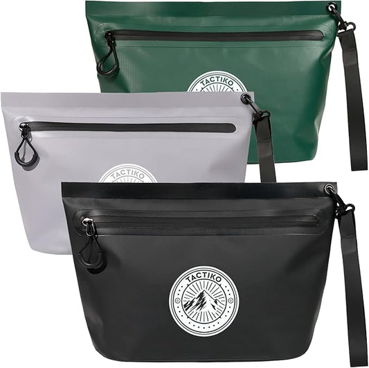 3-Pack Tactiko 3L Water Resistant Pouches - Waterproof Material w/Splashproof Zipper - Hold All Zipper Bags for Storage, Toiletries, Travel, Beach, Cruise, Home (3, Black/Gray/Green)