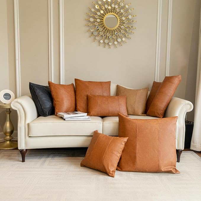 Faux Leather Throw Pillow Cover 12X24 Set of 2 Inch Brown Outdoor Modern Farmhouse Solid Decorative Pillow Covers for Room Couch Living Bedroom Bed Sofa