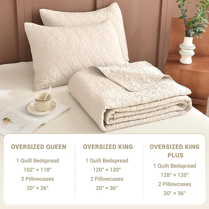 Sanracie Oversized Queen Quilt Bedspread Set 102"*118", 100% Cotton Coverlet Queen Size Wheat Colored Super Soft and Cozy Extra Large Cloud Leaves Quilting Bed Quilts for All Season