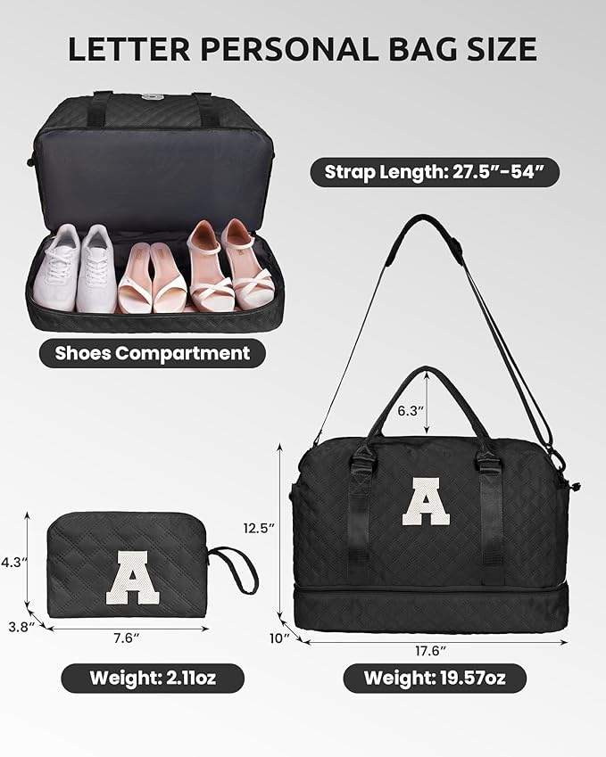 Vogewood Birthday Gifts-for Women-Initial Duffle Bag with Shoe Compartment, Personalized Weekender Bag, Monogram Overnight Bag, Letter Travel Bag with Makeup Bag，Friend Wife Birthday Gift (Letter C)