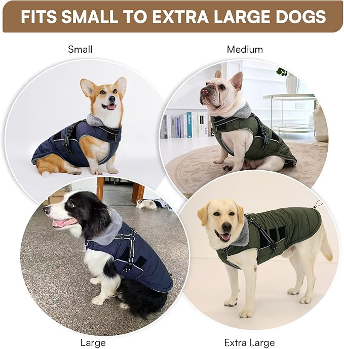 Queenmore Dog Coats for Large Dogs Winter Waterproof with Harness Built-in, Pet Puffer Warm Jacket with Harness for Snow/Cold Weather for Large Breed - Fleece Lining Easy-on Reflective, Navy L