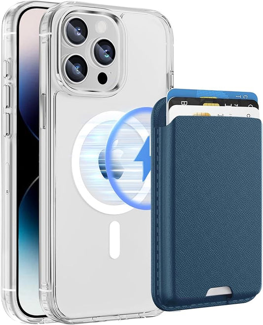Ntwinro Magnetic for iPhone 14 Pro Clear Case (Compatible with MagSafe) with Blue Detachable Wallet & Card Holder for 3 Cards [RFID Blocking] Military Grade Protective Slim Phone Cover