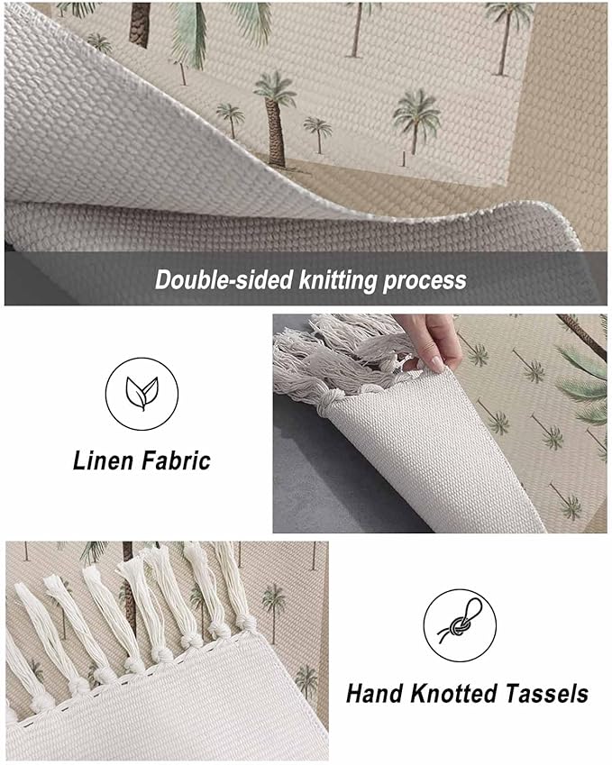Tropical Palm Tree Hallway Runner Rug 2X6 Ft Kitchen Carpet, Washable Woven Brown Summer Beach Plant Throw Carpet with Tassel, Non-Shedding Farmhouse Retro Green Botanical Bedroom Laundry Rugs