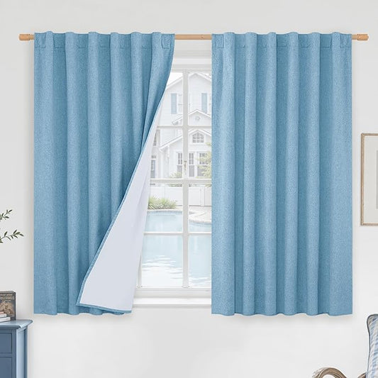 LAMIT Blue 100% Blackout Window Curtains for Boy Bedroom, 45 Inches Linen Textured Thermal Farmhouse Curtains Back Tab and Rod Pocket Window Panels with White Liner, 2 Panels, 52 x 45 Inch