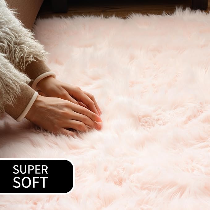 Super Area Rugs Ultra Soft & Fluffy Faux Sheepskin Rug, Light Pink 2 x 4 Feet Sheepskin Carpet for Bedroom Living Room