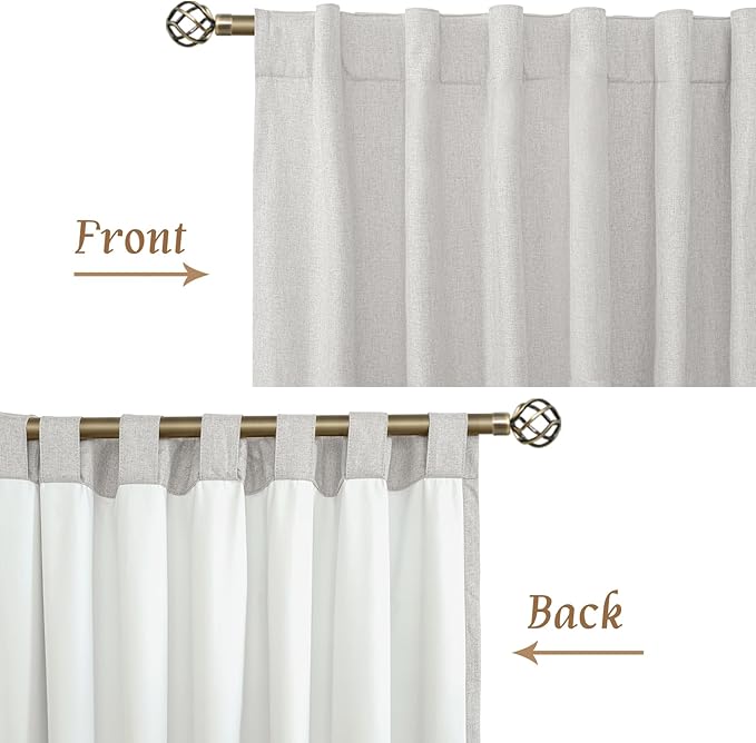 LAMIT Short Window Linen Curtains 48 Inch Length 2 Panels, 100% Blackout Linen Textured Thermal Curtains Back Tab and Rod Pocket Neutral Panels with White Liner for Bedroom, 34 x 48 Inch, Light Grey