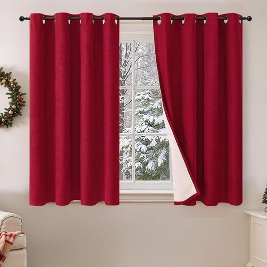 Lajode Red Christmas Linen Blackout Curtains 54 Inch Long 2 Panels, Cold Blocking Winter Thermal Insulated Curtains for Living Room Small Window Decor, Soundproof Curtains Each 52x54 Inch 2 Panels