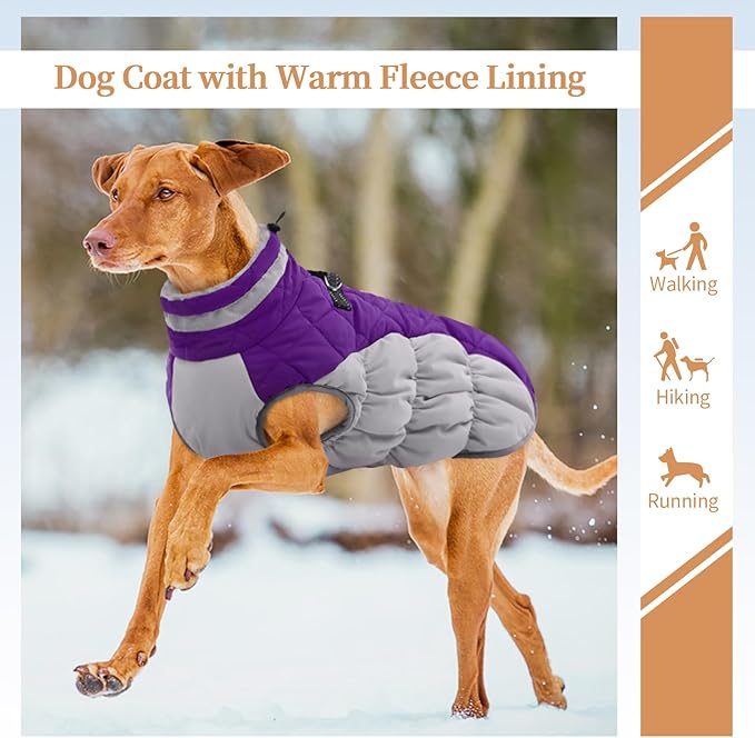 OUOBOB Winter Dog Coat,Large Dog Jacket,Waterproof Pet Jacket with Back Zipper,Pet Coat with Harness Built in,Warm Dogs Coat with Fleece Lined, Snow Jacket Clothes French Bulldog Shiba Inu,Purple,L