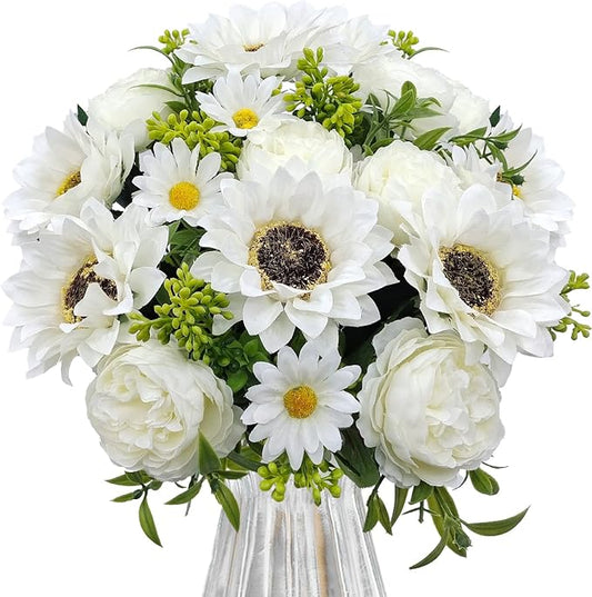 3 Pcs Fall Flowers Artificial Mums Silk Fake Mums Bouquet Faux Floral Arrangements Home Indoor Outdoor Planter Decor Party Wedding Table Autumn Decoration (White-A)
