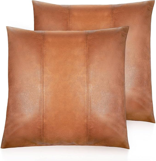 Faux Leather Throw Pillow Cover 16X16 Inch Set of 2 Brown Outdoor Modern Farmhouse Solid Decorative Pillow Covers for Room Couch Living Bedroom Bed Sofa