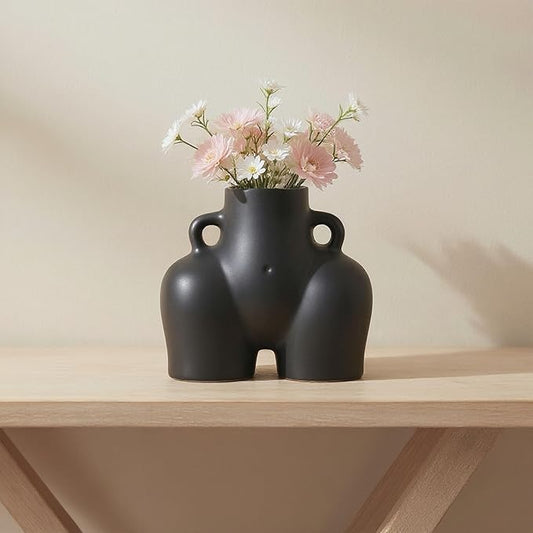 Sagebrook Home Ceramic Stoneware Vase - Modern Art-Inspired Decorative Accent - Glam Home & Office Decor - Unique Sculpture Design for Living Room, Bedroom, or Workspace - 6" Black