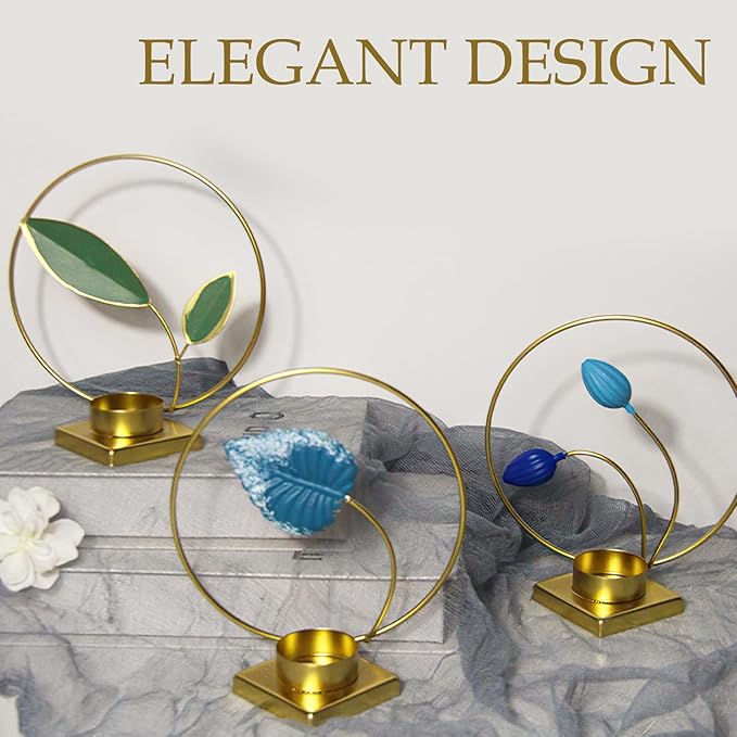 2-Pack Brass Floral Candle Holders – Elegant Leaf Design Tealight Holders for Table Centerpieces, Wedding, Housewarming & Holiday Décor (Green Leaf)