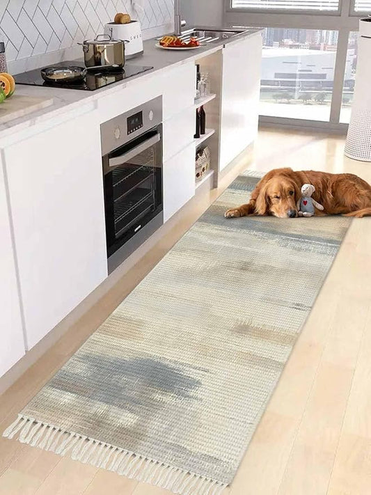 Beige Gray Brown Hallway Runner Rug 2X6 Ft Kitchen Carpet, Washable Woven Abstract Ombre Art Throw Carpet with Tassel, Non-Shedding Vintage Minimalist Gradient Aesthetic Bedroom Laundry Rugs