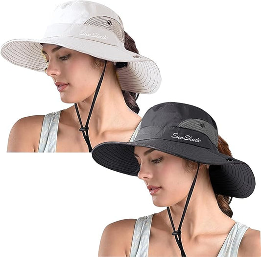 ZOORON Women's Ponytail Safari Sun Hat,Wide Brim UV Protection Outdoor Bucket Hat,Foldable Beach Summer Fishing Hat